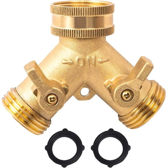 Solid Brass Garden Hose Splitter 2 Way, Heavy Duty Y Connector with Shut Off Valves, Standard Hoses, Leak Proof with O-Rings