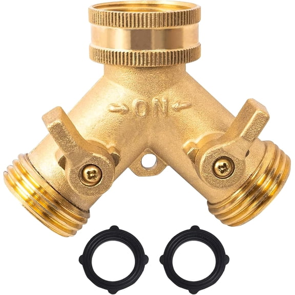 Solid Brass Garden Hose Splitter 2 Way, Heavy Duty Y Connector with Shut Off Valves, Standard Hoses, Leak Proof with O-Rings