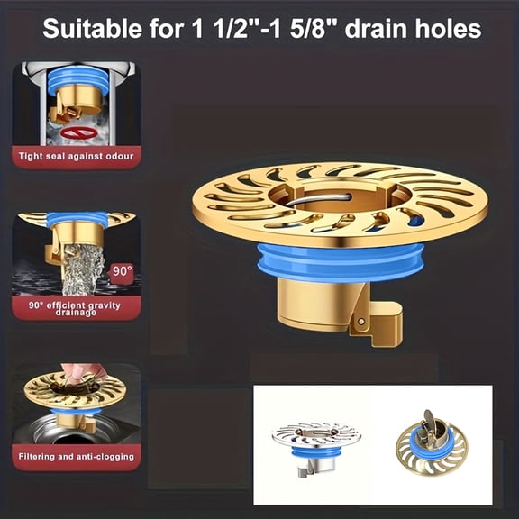 Solid Brass Golden Bathroom Floor Drain Insert, Universal Bathroom Sink Drain Strainer, Bathroom Sink Drain Catcher, Drain Filter Bathroom Sink, Large Mesh Anti-Odor Floor Drain