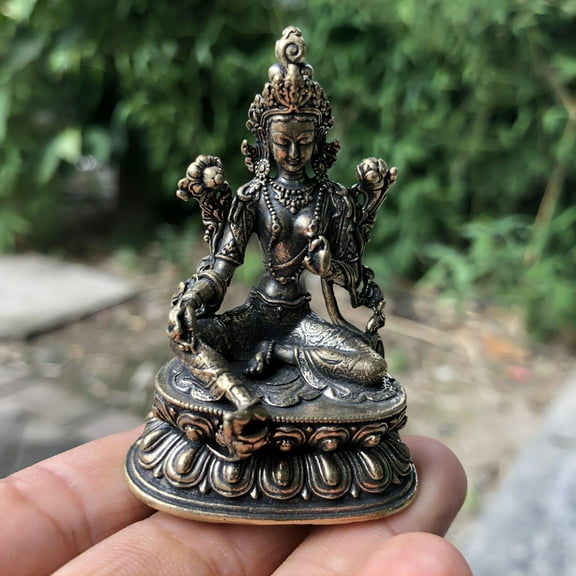 Solid Brass Miniature Green Tara Buddha Bodhisattva Statue Little Tiny Pocket Buddha Worshiping Praying Idol Amulet Altar Shrine Decoration