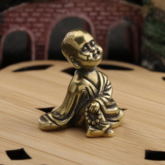 Solid Brass Monk Figurine Vintage Style Small Buddha Tea Pet Ornament Antique Buddhist Statue Collectible Desk Decor