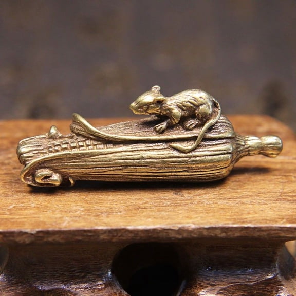 Solid Brass Mouse Figurine Gold Plated Corn Tea Pet Desk Decor