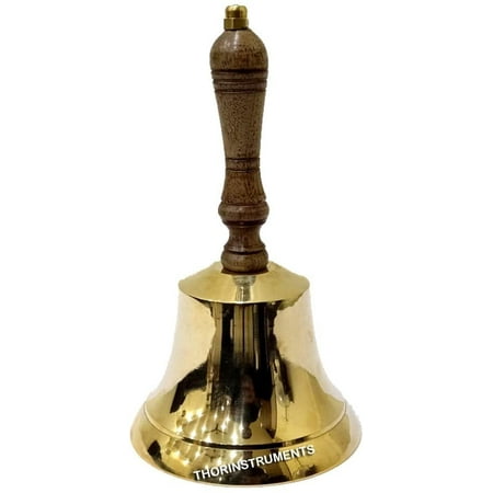 Solid Brass Nautical Hand Bell Wood Handle 7" Nautical Decor