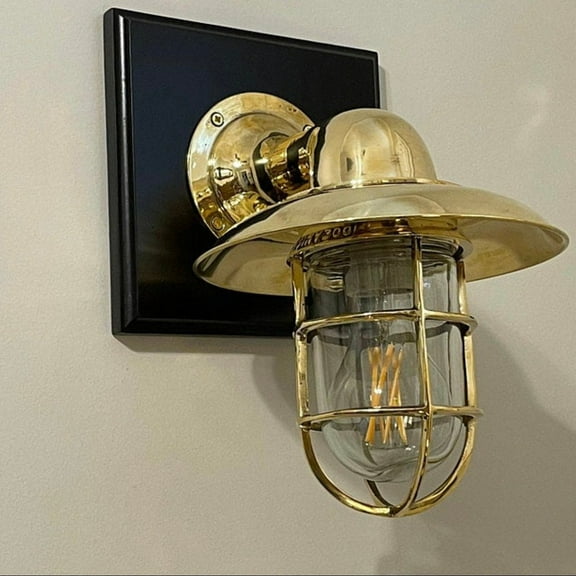 Solid Brass Nautical Wall Sconce with Caged Glass Shade  Marine Passageway Bulkhead Light