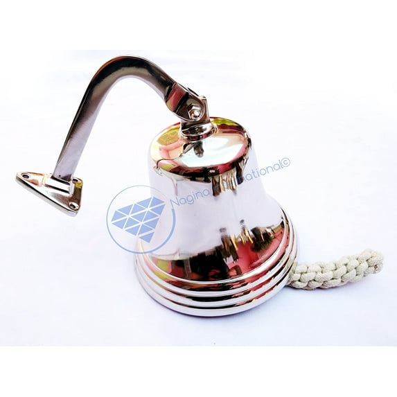 Solid Brass Polished Hanging Bell - White Braided Rope - (5" Inches)