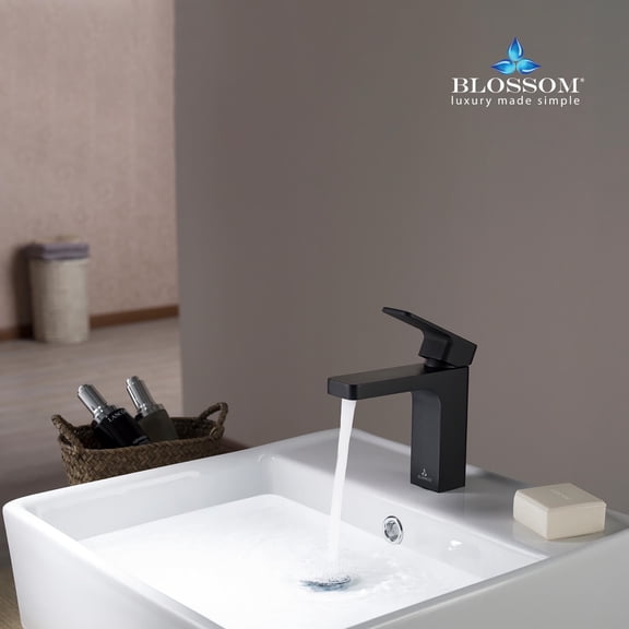 Blossom Brass Single Hole Bathroom Faucet, Modern Single Handle Vanity Sink Tap with Water Hose - Matte Black