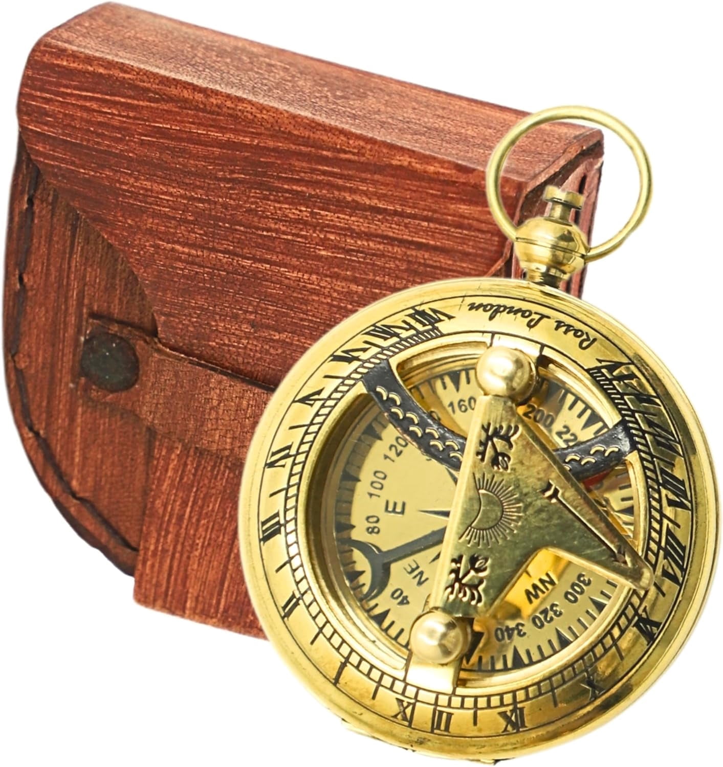 Solid Brass Sundial Compass in Leather Case | Pocket Chain Compass Graduation Day Gifts for Men, Birthday Gifts for Men/Boys, Father to Son Gifts, Baptism Gifts for Boys