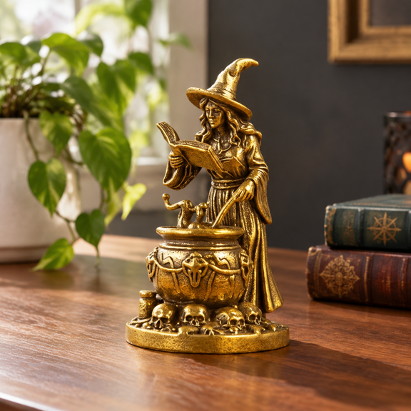 Solid Brass Witch Cauldron Mini Collectible Desk Decor Statue