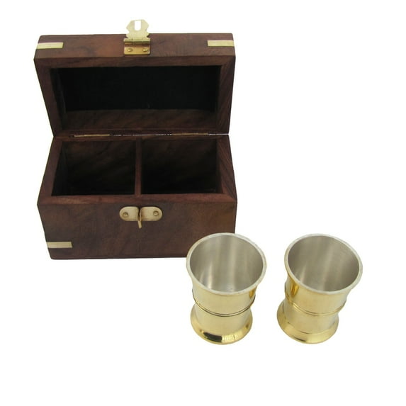 Solid Brass Wooden Maritime Nautical Liquor Shot Glasses Set Wood Box w/ Latch