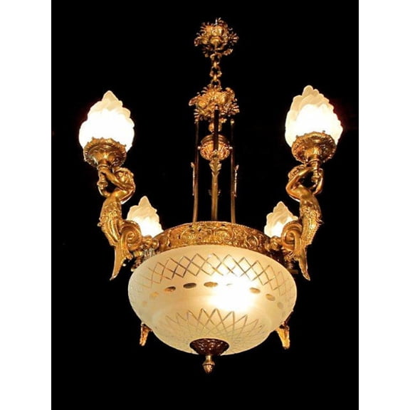 Solid Bronze Chandelier with Glass Shades & Mermaid Sculptures by Sergio Merlin