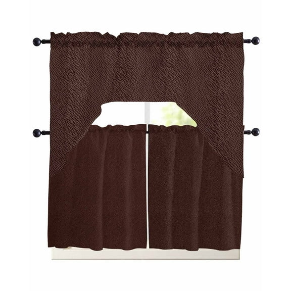 Solid Brown Kitchen Curtains Swag Valance and Tier Curtains Set 24 Inch Length, Vintage Minimalism Abstract Denim Pattern Rod Pocket Drape Panels Pair Swag Curtain for Bathroom/Cafe/Window