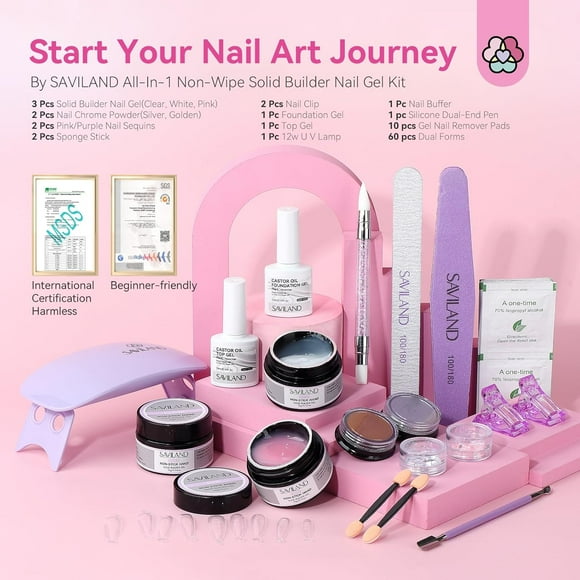 Solid Builder Nail Gel Kit Beginner: 3 Colors Non Sticky 3D Nail Gel with U V Lamp Chrome Powders Nail Sequins Complete Sculpting Nail Art Accessory for Nail Extension Carving
