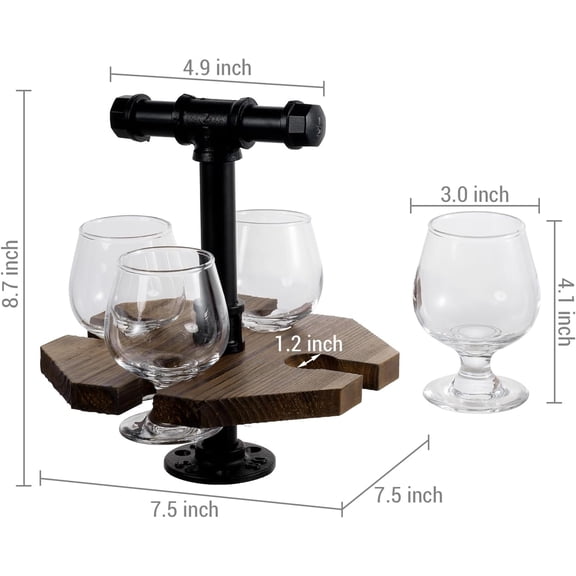 Solid Burnt Wood Serving Beer Whiskey Flight Set Tray with Industrial Black Metal Pipe Carrying Handle and 4 Small Snifter Style Tasting Beer Glasses, Set of 2