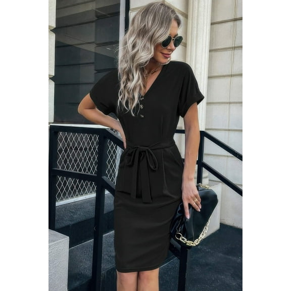 Solid Button Detail Cuffed Pocket Short Dress