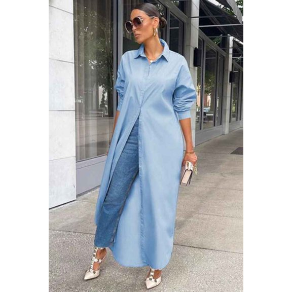 Solid Button Down long Shirt Dress (M, LimeGreen)