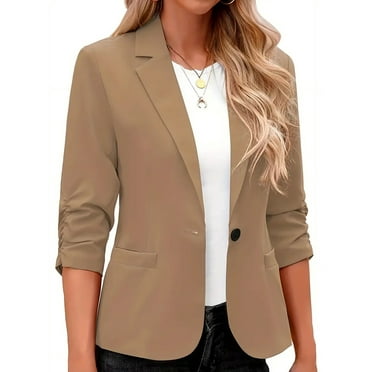 Solid Button Front Blazer, Casual 3/13 Sleeve Lapel Collar Blazer, Women's Clothing