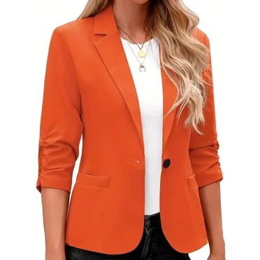 Solid Button Front Blazer, Casual 3/24 Sleeve Lapel Collar Blazer, Women's Clothing