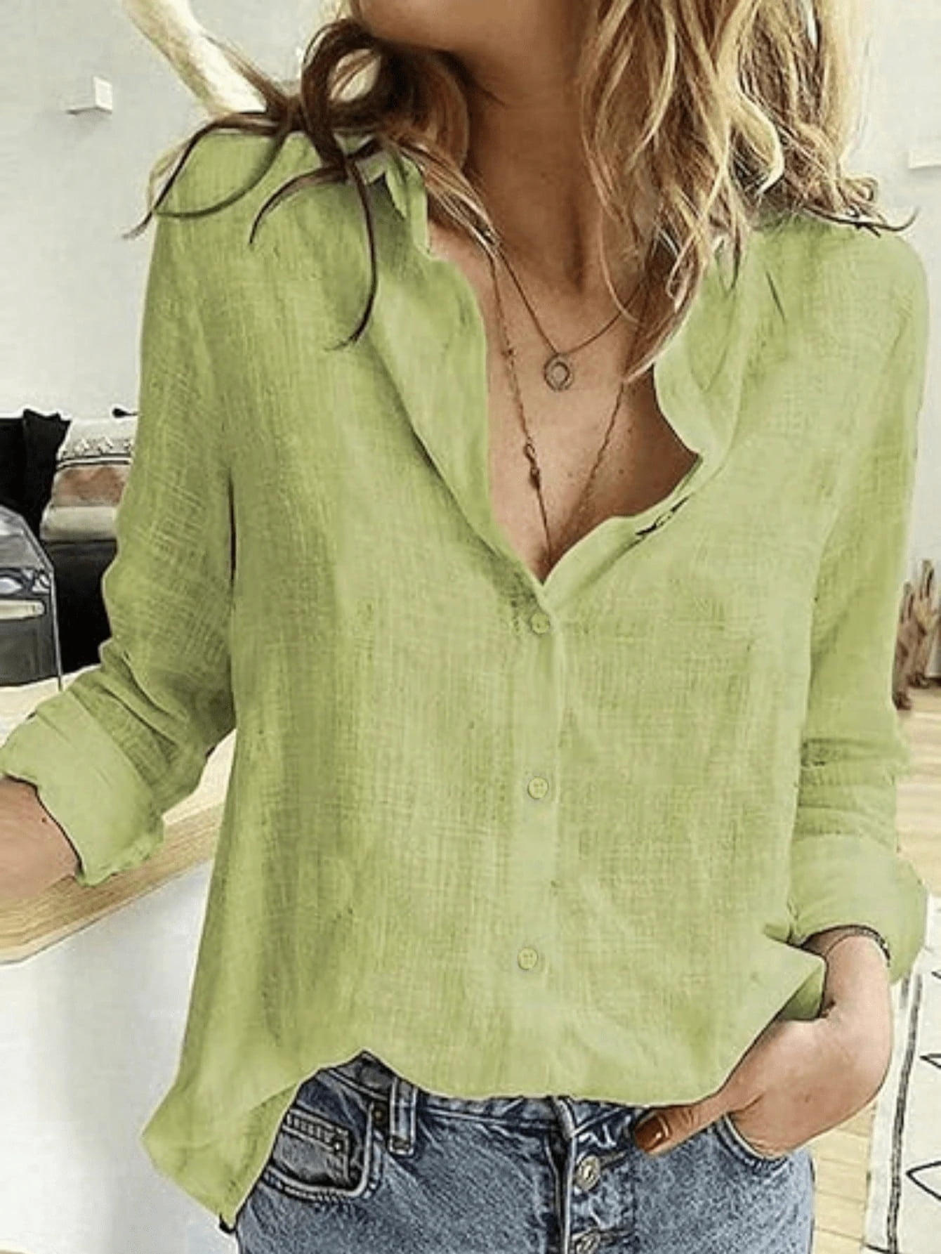 Solid Button-Up Shirt, Elegant Long Sleeve Collared Shirt Spring ...