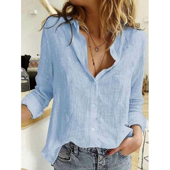 Solid Button-Up Shirt, Elegant Long Sleeve Collared Shirt Spring ...