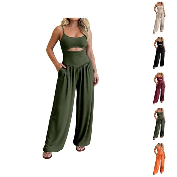 Solid Camisole Hollow Out Tie Front Wide Leg Jumpsuit Piece