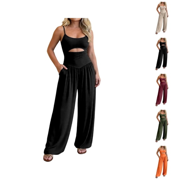 Solid Camisole Hollow Out Tie Front Wide Leg Jumpsuit Piece