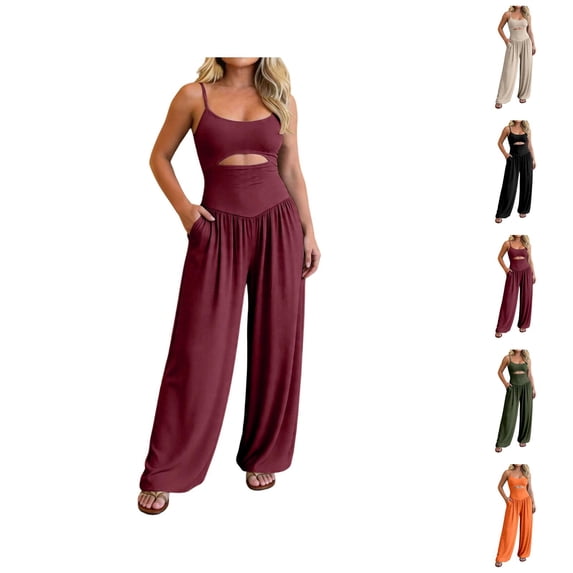 Solid Camisole Hollow Out Tie Front Wide Leg Jumpsuit Piece