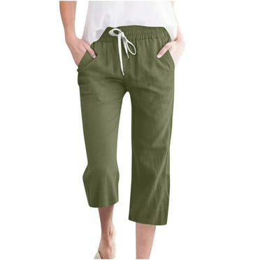 Solid Capri Pants Womens Summer 2025 Linen Drawstring Elastic High Waist Straight Leg Knee-Length Casual Pants Army Green,XL