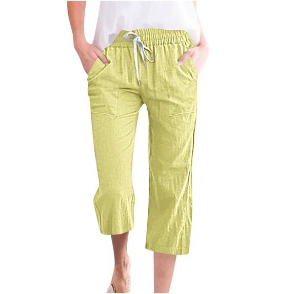 Solid Capri Pants Womens Summer 2026 Linen Drawstring Elastic High Waist Straight Leg Knee-Length Casual Pants Yellow,XXXL