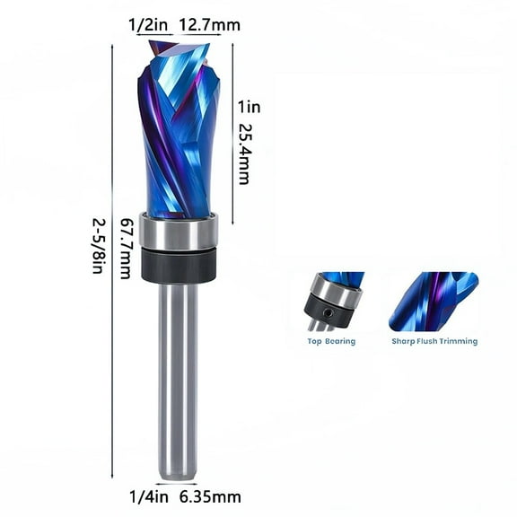 Solid Carbide Spiral Compression Flush Trim Router with 6.35mm Shank, 2-Flute End Milling for Pattern and Template Work, Clean Edge Trimming on MDF, Particle(single Bearing)