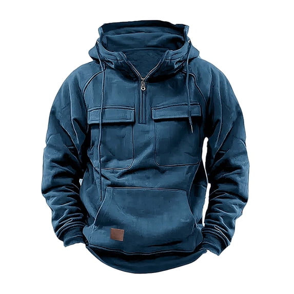 Solid Cargo Hooded Pullover Men's 1/4 Zipper Casual Workout Sweatshirts Winter Outdoor Hoodie Athletic Gym Outfits