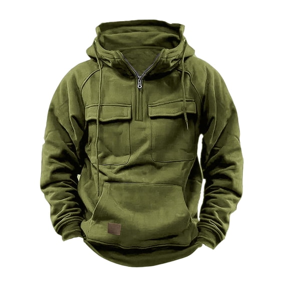 Solid Cargo Hooded Pullover Men's 1/4 Zipper Casual Workout Sweatshirts Winter Outdoor Hoodie Athletic Gym Outfits
