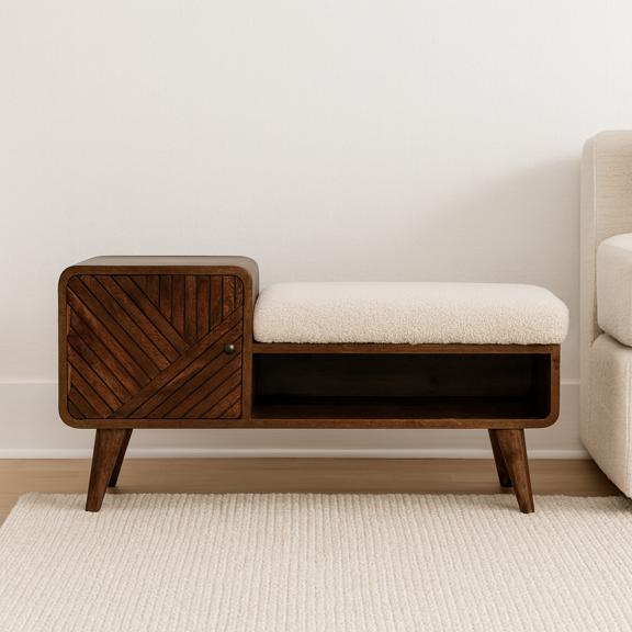 Solid Carved Telephone Table, Boucle Upholstered, Brown, Solid Wood