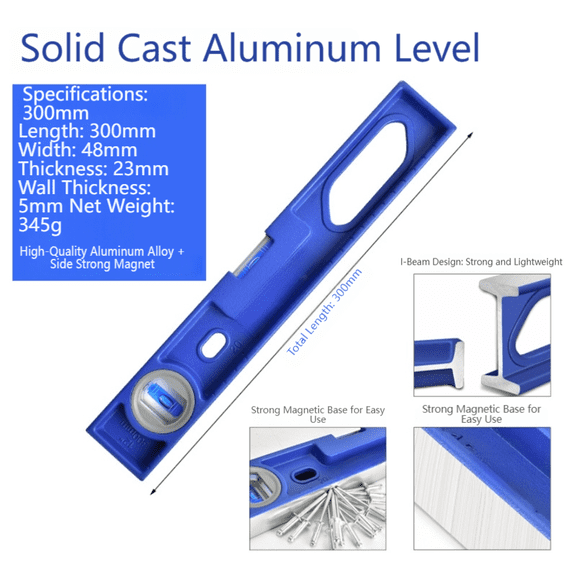 Solid Cast Aluminum I-Beam Level with Magnetic Base, 30cm Level Ruler, Fluorescent Vial for Low Light, Ergonomic Handle for Construction and DIY(Magnetic)