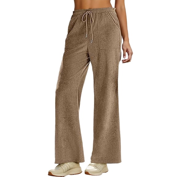 Solid Casual Corduroy Pants for Womens High Waist Drawstring Wide Leg Trousers with Pockets