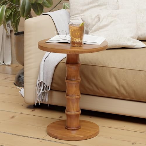 Solid Cedar Pedestal End Table with Turned Wood Base, Round Wooden Side Table, Small Space Accent Table for Living Room or Entryway, Warm Natural$$Furniture