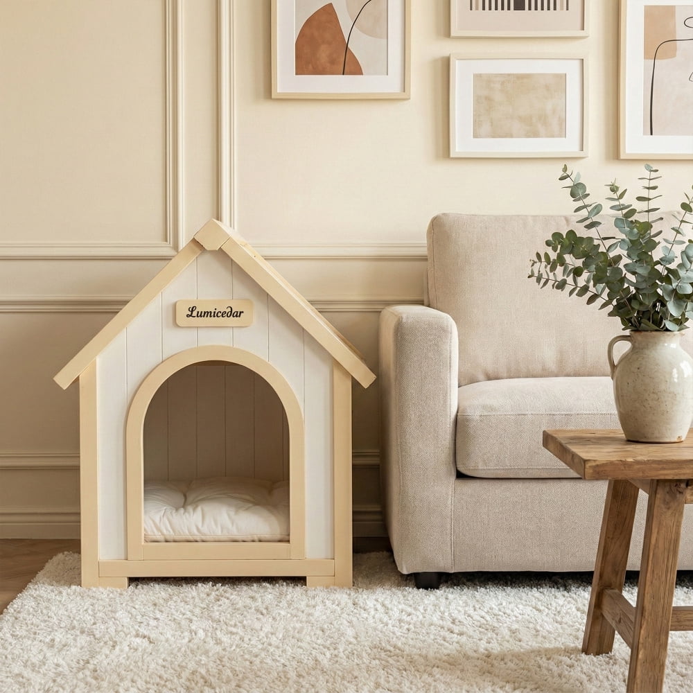 Solid Cedar Pet House – Cream-Yellow Cabin-Style Indoor Shelter for Small Dogs and Cats