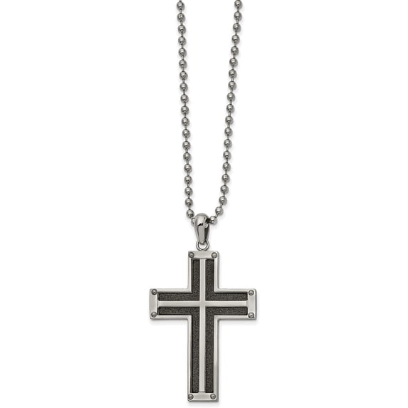 Solid Chisel Stainless Steel Polished Black IP-plated Laser Cut Cross Pendant on a Ball Chain Necklace - 22"