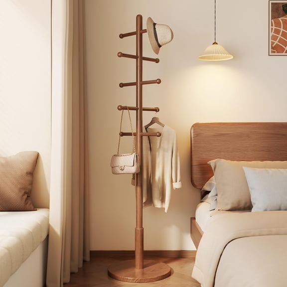 Solid Coat Rack Freestanding with 10 Hooks, Coat tree freestanding 3 Adjustable Heights for coat, Hats, Handbags, Coat Stand for Entryway,Bedroom,office, Walnut