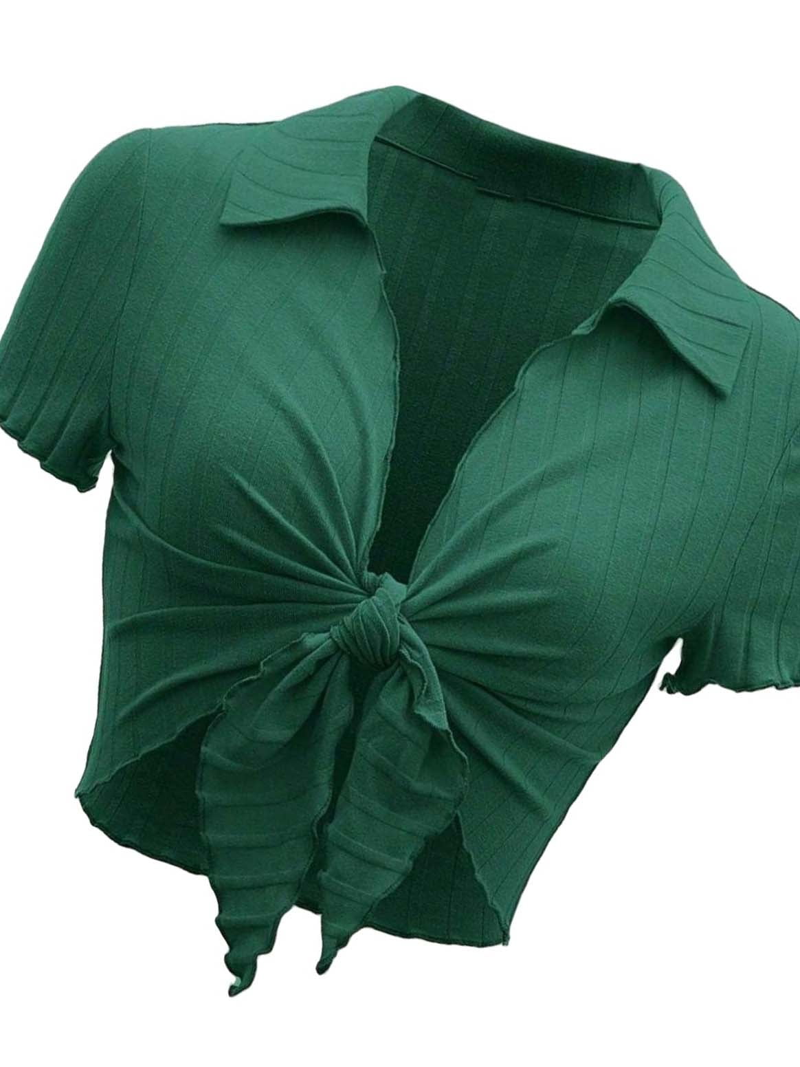 Solid Collar Short Sleeve Dark Green Women TShirts (Women's)