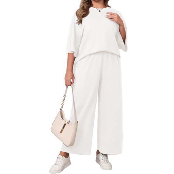 Solid Color 2 Pieces Plus Size Sets Women Three Quarter Sleeve Tops and Wide Leg Pants