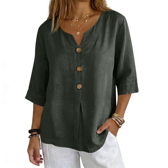 Solid Color 3/4 Sleeve V Neck T Shirt for Women Casual Buttoned Pullover Tops Loose Fit Lightweight Soft Tees for Summer Daily Outfits and Loungewear