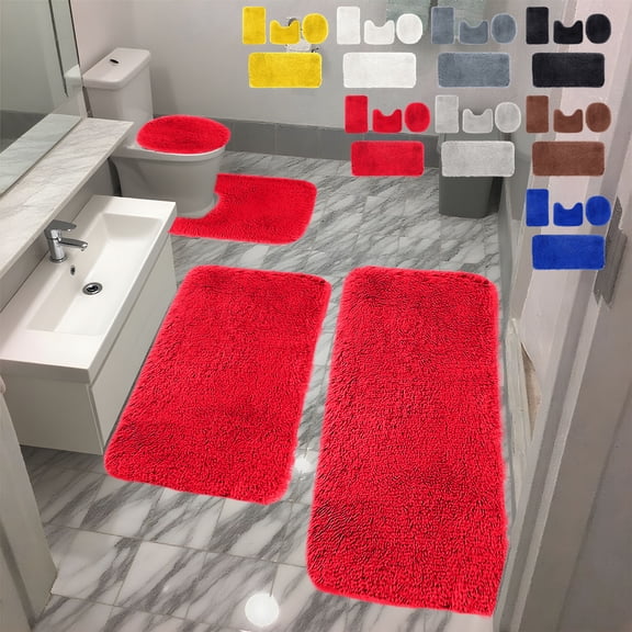 Solid Color 4-Piece Bath Mat Set Velvet Fleece Foam Non-Slip Thick Washable Bathroom Rugs Universal Toilet Mats Soft Water Absorbent Black White Yellow Time-Limited Price Slashes & Steals