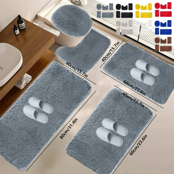 Solid Color 5-Piece Bath Mat Set Velvet Fleece Foam Long Plush Water Absorbent Non-Slip Washable Bathroom Toilet Rugs for Home Modern Decor Black White Gray Trending Picks Under Budget