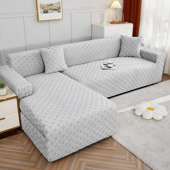 Solid Color Anti Slip Anti Scratch Couch Cover, Stretch Thickening Sofa Slipcover L Shape Sofa Cover Pets Kids Children Dog Cat-Light Grey-L-Shape (2 Seater+2 Seater)