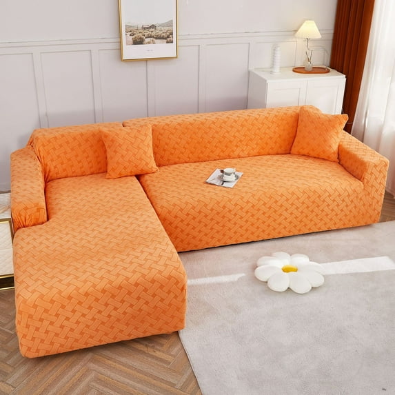 Solid Color Anti Slip Anti Scratch Couch Cover, Stretch Thickening Sofa Slipcover L Shape Sofa Cover Pets Kids Children Dog Cat-Orange-L-Shape (4 Seater+3 Seater)