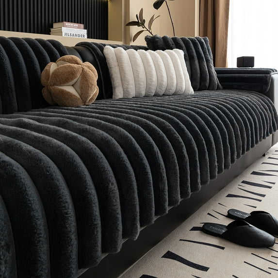 Solid Color Anti-slip Sofa Mat Fashion Plush L Shape All-inclusive Corner Seat Cover Winter Warm Couch Cushion Towel Living Room (dark gray,110x110cm 1pcs)