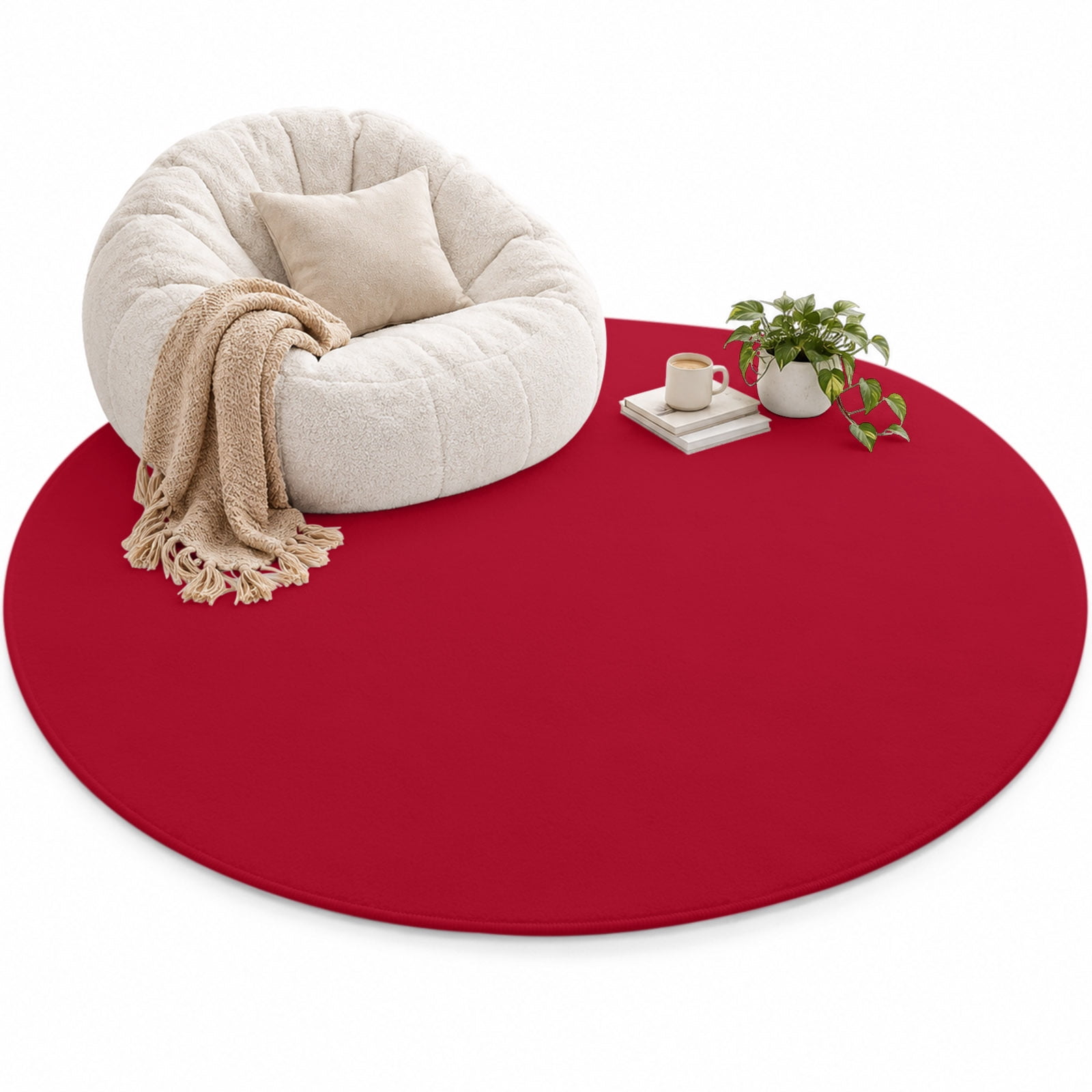 Solid Color Area Rug 5', Red Soft Mat Non-Slip Silicone Backing Machine ...