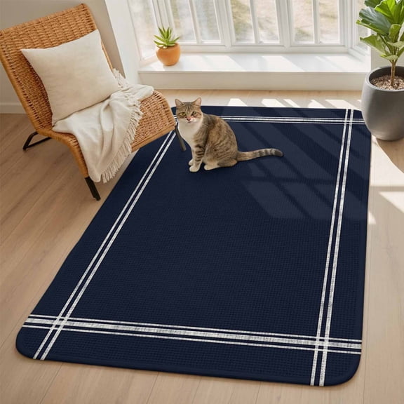 Solid Color Area Rugs for Living Room 5x6, Dark Blue Washable Area Rug with Non Slip Backing, Stain Resist Linen Carpet for Bedroom, Dining Room, Entryway, Entrance