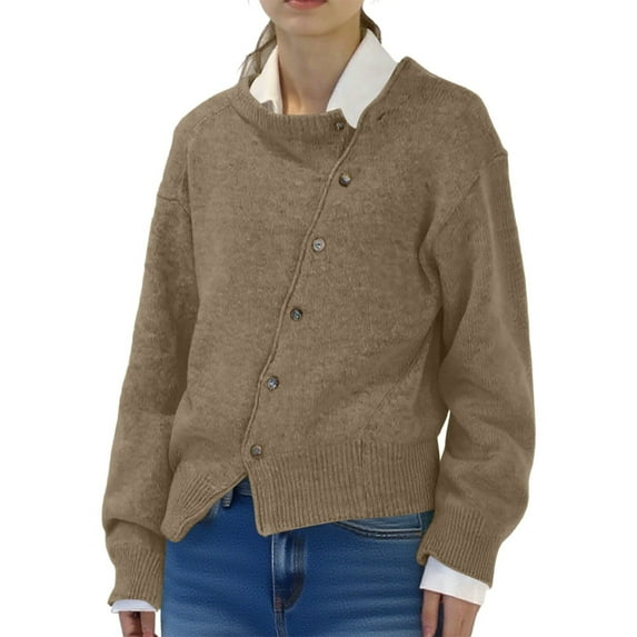 Solid Color Asymmetrical Button Front Open Cardigan Loose Fit Casual Knit Sweater Round Neck Outerwear For Women Women Casual Dress Sweater Long Sleeve Hoodie Womens Long Hooded Sweatshirt