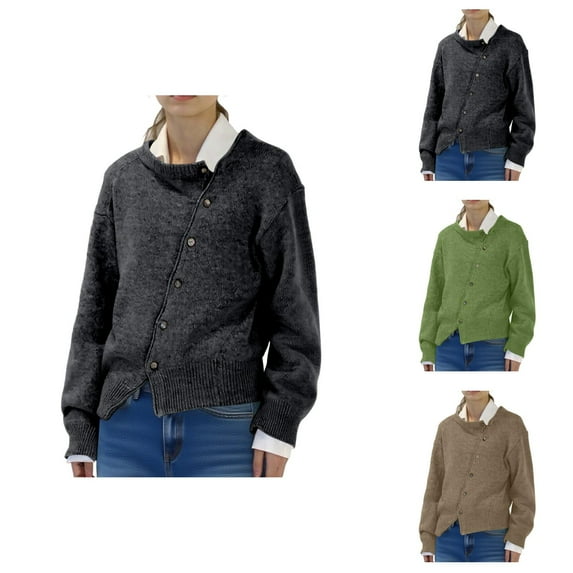 Solid Color Asymmetrical Button Front Open Front Cardigan Loose Fit Casual Knit Sweater Jacket Round Neck Outerwear Cardigan Sweaters for Women